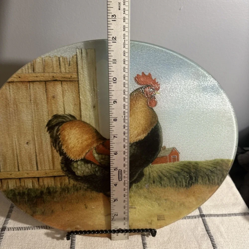 Vintage Tempered Glass Cutting Board Rustic Rooster‎ Design Oval Farmhouse